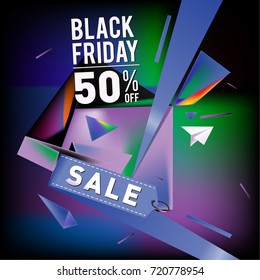 Black friday sale poster. 3d colorful geometric poster design template for promotion. Glossy metal and plastic material style.
