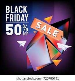 Black friday sale poster. 3d colorful geometric poster design template for promotion. Glossy metal and plastic material style.
