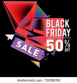 Black friday sale poster. 3d colorful geometric poster design template for promotion. Glossy metal and plastic material style.
