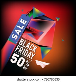Black friday sale poster. 3d colorful geometric poster design template for promotion. Glossy metal and plastic material style.
