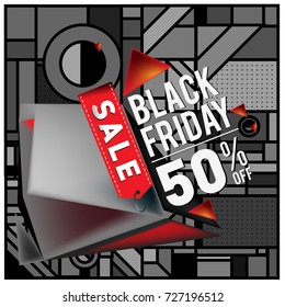 Black friday sale poster. 3d geometric poster design template for promotion. Glossy metal material style.
