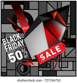 Black friday sale poster. 3d geometric poster design template for promotion. Glossy metal material style.
