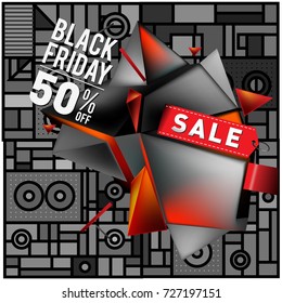 Black friday sale poster. 3d geometric poster design template for promotion. Glossy metal material style.
