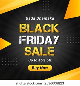 Black Friday Poster mit bis zu 45% Rabatt. Vektorgrafik. 45% Rabatt. Bada Dhamaka. Jetzt kaufen.