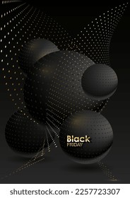 Black Friday sale poster with abstract 3d elements, black and gold, vector