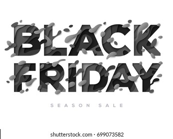 Black Friday Sale Poster mit abstraktem Papier, geschnitten auf weißem Hintergrund.  Vektorgrafik. Typografisches Design für Saisonrabatte