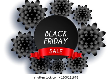 Black Friday sale poster. Black background textured with paper 3d dynamic flowers and golden glittering halftone pattern. Vector business illustration. Ad sign. Commercial discount event banner.