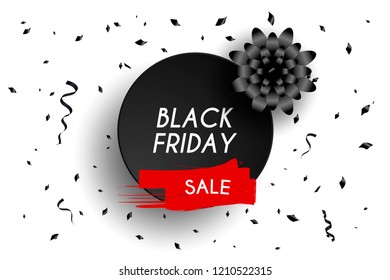 Black Friday sale poster. Black background textured with paper 3d dynamic flowers and pattern. Vector business illustration. Ad sign. Commercial discount event banner.