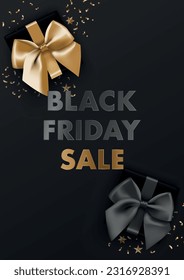 Black Friday Sale poster background. Realistic luxury black and gold ribbon gift boxes and confetti. Vector illustration for Christmas, banner, phone, sale, promo, discount, website, social media