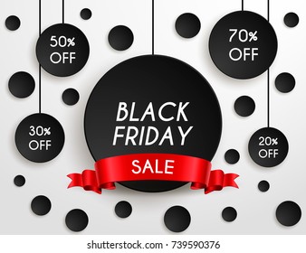 Black friday sale poster. Black Friday background with black circles and red ribbon. Vector illustration. Poster, banner, card, flyer, brochure for sale.