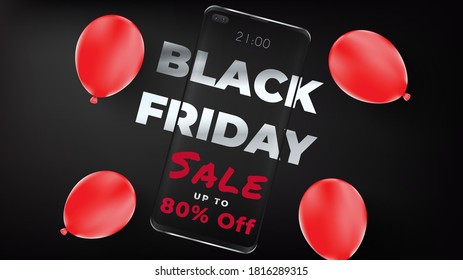 Black Friday Sale Poster with balloon. For website, social media, website development, banner, email, and newsletter. Commercial Concept of sale, clearance, and discount. Abstract vector illustration.