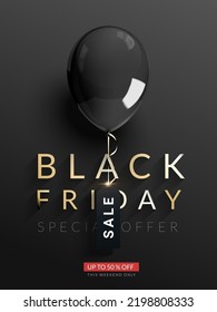 Black Friday Sale poster, balloon with tag on black background. Vector illustration