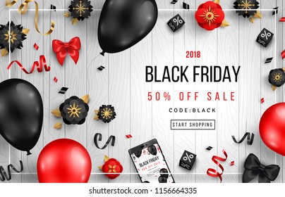 Black Friday Sale Poster with Balloons, Flowers and Confetti on Wooden Background. Vector illustration.