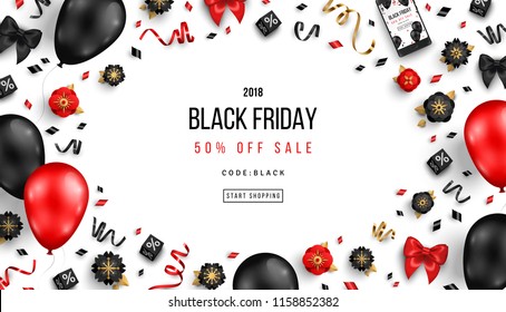 Black Friday Sale Poster with Balloons, Flowers and Confetti on White Background. Vector illustration.