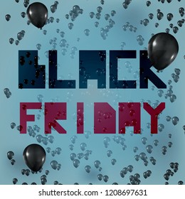 Black Friday Sale Poster with Black Balloons on Blue Background. Vector Illustration