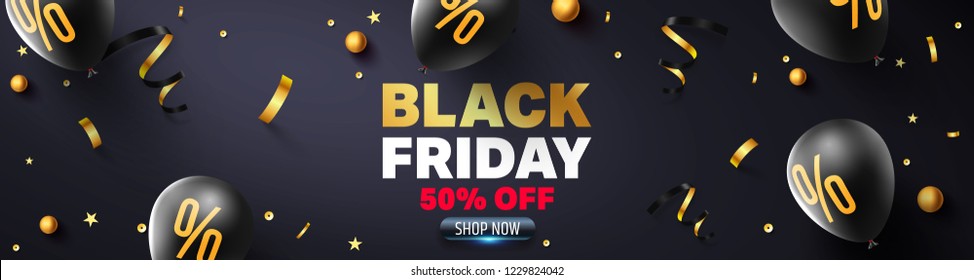 Black Friday Sale Poster with black balloons for Retail,Shopping or Black Friday Promotion in golden and black style.Vector illustration EPS10