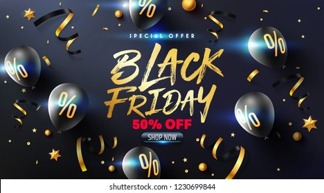 Black Friday Sale Poster with black balloons for Retail,Shopping or Black Friday Promotion in golden and black style.Vector illustration EPS10