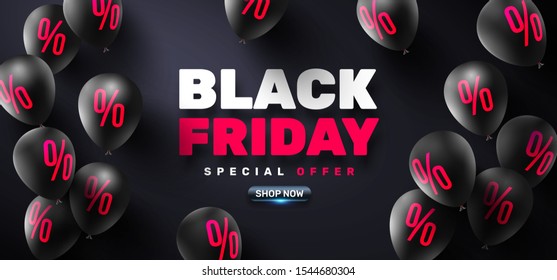 Black Friday Sale Poster with black balloons for Retail,Shopping or Black Friday Promotion in pink and black style.Vector illustration EPS10