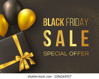 Black Friday sale poster or banner. Luxury design with box, ballons and realistic golden silk bow on dotted background. Concept for seasonal discounts. Vector illustration.