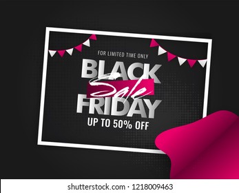 Black Friday Sale poster or banner design with upto 50% discount offer on black background decorated with bunting flags.