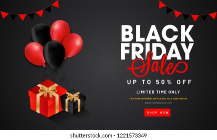 Black Friday Sale poster or banner design, 50% discount offer with illustration of gift boxes and balloons on black background.