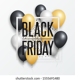 Black Friday Sale poster or banner with shiny balloons. Banner, poster on red background. Vector illustration