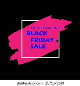 Black Friday Sale Poster with blue text on pink grunge brush stroke. Acrylic grunge paint brush stroke. Shopping discount promotion. Banner for business, promotion, advertising. Vector illustration.