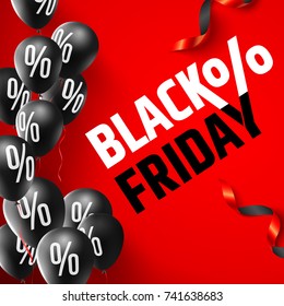 Black Friday Sale Poster by Balloons with Percent Sign,Discount Sign and Capital letter "BLACK FRIDAY" in black and white color on red background for Retail,Shopping,Sale or Black Friday Promotion.