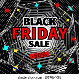  Black friday sale poster with colorful stars.  Social media web banner for shopping. Big sales online. Sale promotion special discount vector offer. Modern design  for banner, flyer, card, web. 