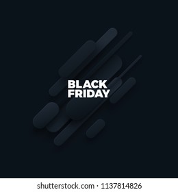 Black Friday sale poster. Commercial discount event banner. Black background textured with paper 3d dynamic shapes. Vector business illustration. Advertising sign.