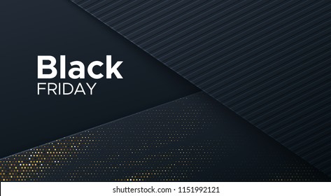 Black Friday sale poster. Commercial discount event banner. Black background textured with paper 3d dynamic layers and golden halftone effect. Vector business illustration. Advertising sign.