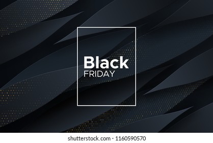 Black Friday sale poster. Commercial discount event banner. Black background textured with paper 3d dynamic shapes and golden glittering halftone pattern. Vector business illustration. Ad sign.