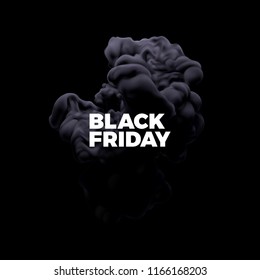 Black Friday sale poster. Commercial discount event banner. Realistic swirling ink splash isolated on black background. Vector business illustration. Advertising sign.