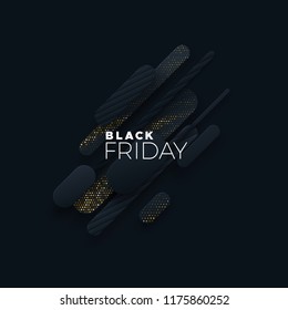 Black Friday sale poster. Commercial discount event banner. Black abstract background. Geometric shapes textured with golden glitters. Vector business illustration. Advertising sign.