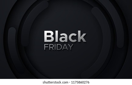 Black Friday sale poster. Commercial discount event banner. Black abstract background with geometric shapes. Vector business illustration. Advertising sign.