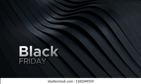 Black Friday sale poster. Commercial discount event banner. 3d dynamic sliced black surface. Abstract background. Vector business illustration. Ads sign.