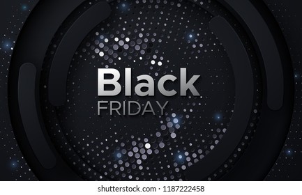 Black Friday sale poster. Commercial discount event banner. Black abstract background with geometric paper shapes and sparkling silver glitters. Vector business illustration. Ads sign.