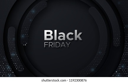 Black Friday sale poster. Commercial discount event banner. Black abstract background with geometric paper shapes and sparkling silver glitters. Vector business illustration. Ads sign.