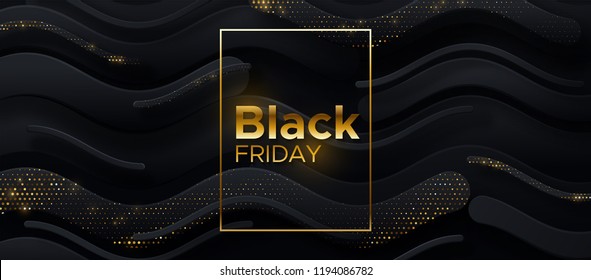 Black Friday sale poster. Commercial discount event banner. Black abstract background with geometric paper shapes and sparkling golden glitters. Vector business illustration. Ads sign.