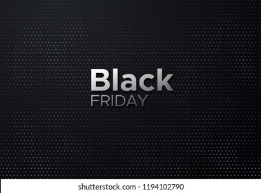 Black Friday sale poster. Commercial discount event banner. Black abstract background with geometric dotted halftone pattern. Vector business illustration. Ads sign.