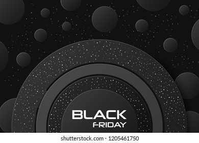 Black Friday sale poster. Commercial discount event banner. Black abstract background with stepped geometric paper shapes and stardust pattern. Vector business illustration. Ads sign