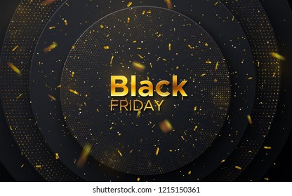 Black Friday sale poster. Commercial discount event banner. Black abstract background with geometric paper shapes, sparkling golden glitters and confetti tinsel. Vector business illustration. Ads sign