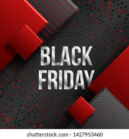 Black Friday sale poster. Commercial discount event banner. Black background textured with paper 3d dynamic shapes and golden glittering halftone pattern. Vector business illustration. Ad sign