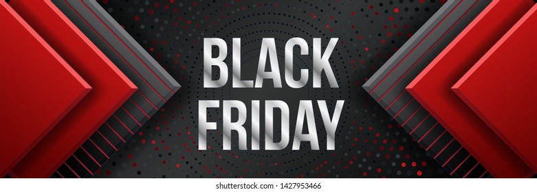 Black Friday sale poster. Commercial discount event banner. Black background textured with paper 3d dynamic shapes and golden glittering halftone pattern. Vector business illustration. Ad sign
