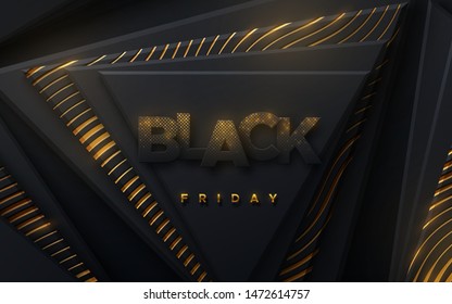 Black Friday sale poster. Commercial discount event banner. Black background textured with golden waves. Paper letters with golden shimmering glitters. Vector business illustration. Ad sign.