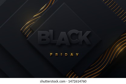 Black Friday sale poster. Commercial discount event banner. Black background textured with paper 3d dynamic shapes and golden glittering wavy pattern. Vector business illustration. Ad sign.