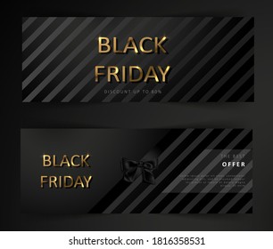 Black Friday sale poster. Commercial discount event banner. Black background with gold lettering.