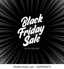 Black Friday sale poster. Commercial discount event banner. Black background textured with paper 3d dynamic shapes and lines. Fashion sale banner template for clearance, discount, special offer. 