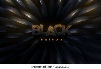Black Friday sale poster. Commercial discount event banner. Black background textured with golden glittering halftone pattern. Vector business illustration. Ad sign.