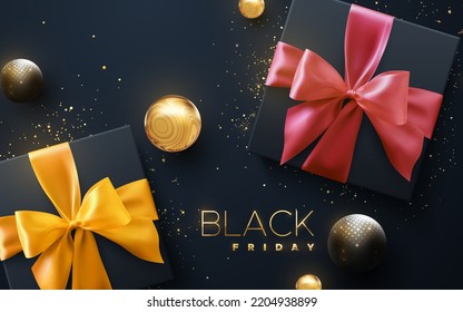 Black Friday sale poster. Commercial discount event banner. Black gift boxes with pink and yellow bow and ribbon with golden glitters and glossy balls on black background